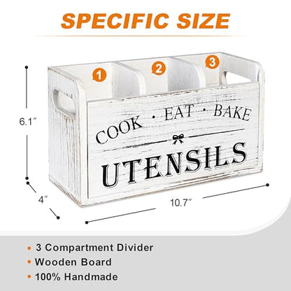 Kitchen Utensil Holder with 3 Compartments, Wooden... (Brown | Wood)
