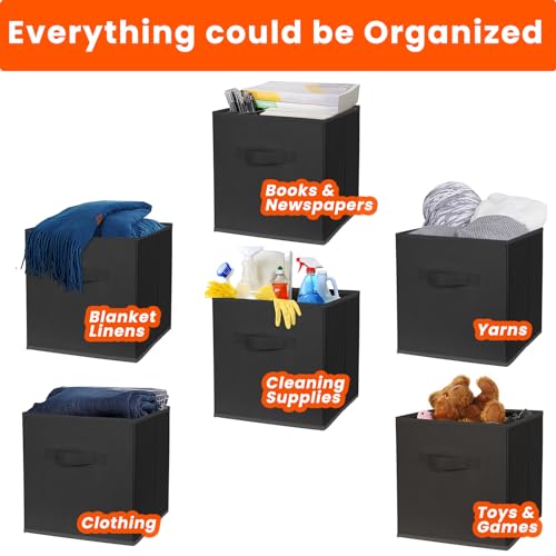 Storage Cubes, 11 Inch Clothes Storage Bins for Shelves Closet (10 Pack), Fabric Collapsible Storage Bins with Dual Handles, Cubby Storage Baskets for Magazines, Dorm Essentials (Black)