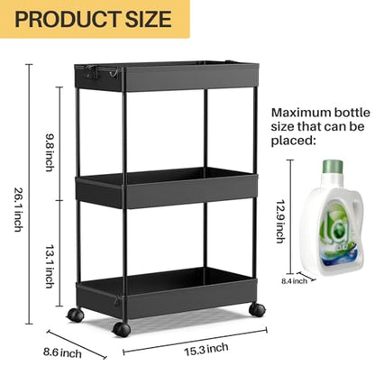 SPACEKEEPER 3 Tier Rolling Cart, Bathroom Cart Organizer with Wheels, Black | Mobile Storage Cart for Laundry Room Organization,Kitchen,Office,Bathroom, Utility Cart for Snack,Craft,Art,Makeup,Nail,Toys