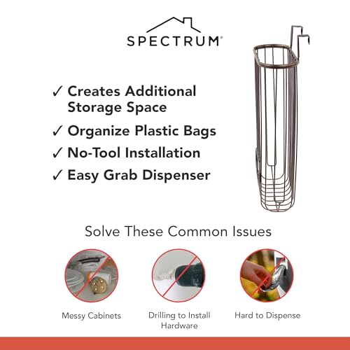 Spectrum Ashley Over Cabinet Door Grocery Bag Holder Hanging Bag Dispenser for Kitchen Cabinet Bathroom Under Sink Home Organization, Heavy Duty Plastic Bag Cabinet Door Storage, Bronze