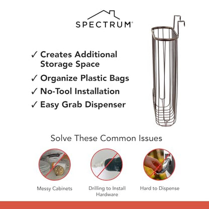 Spectrum Ashley Over Cabinet Door Grocery Bag Holder Hanging Bag Dispenser for Kitchen Cabinet Bathroom Under Sink Home Organization, Heavy Duty Plastic Bag Cabinet Door Storage, Bronze