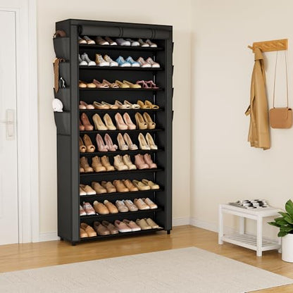 VTRIN Tall Shoe Rack with Cover, 10 Tier Shoe Organizer Storage for 50-55 Pairs Shoes and Boots Large Capacity Shoe Shelf with 8 Pockets Free Standing Shoe Rack for Closet, Entryway, Garage