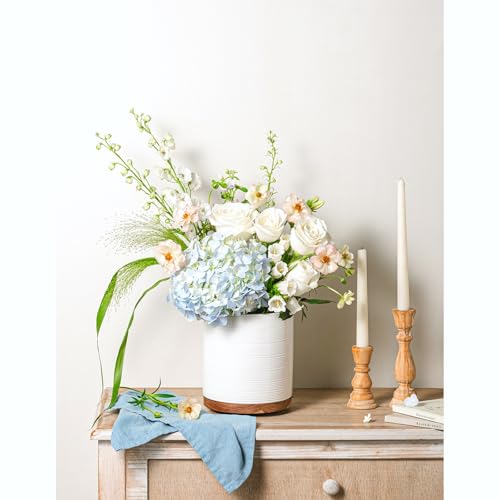 Utensil Holder, 360° Rotating Extra Large Ceramic Kitchen Utensil Holder for Countertop, 7.3“ Cooking Utensil Crocks for Kitchen Counter with Rotatable Wooden Base, Farmhouse Decor, White