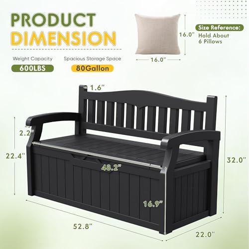 Greesum 80 Gallon Storage Bench Outdoor Deck Box with Armrest, Black | Patio Furniture,Lockable, Waterproof and UV Resistant, Suitable for Garden, Pool