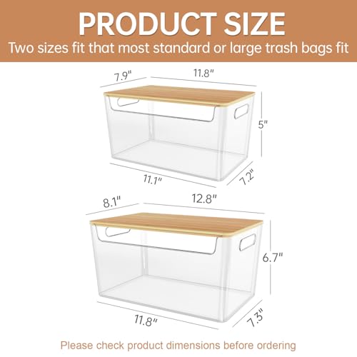 2 Pack Stackable Plastic Trash Bag Holder with Bamboo Lid Under Sink | Clear Container, Stackable Design,Side Handles, Safety Locks,Garbage Bag Roll Holder, Kitchen Cabinet, Laundry Organization