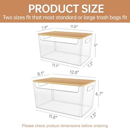 2 Pack Stackable Plastic Trash Bag Holder with Bamboo Lid Under Sink | Clear Container, Stackable Design,Side Handles, Safety Locks,Garbage Bag Roll Holder, Kitchen Cabinet, Laundry Organization