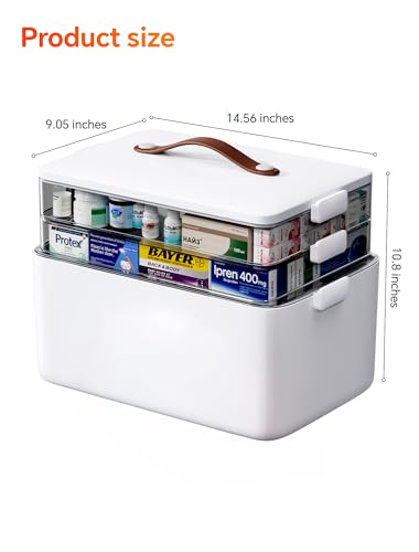 Medicine Organizer Box, 3-Tier | 3-tier medicine storage organizer with smoke-clear trays, side latches and a leather-style carry handle for home storage.
