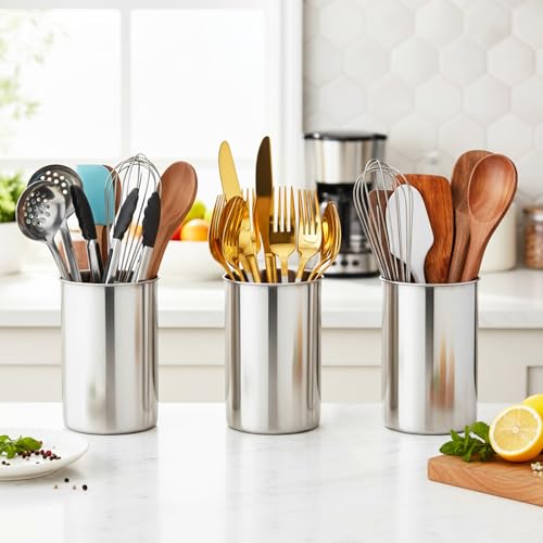 3 Pcs Stainless Steel Utensil Holders for Kitchen Counter, 5.5" x 7.3" Silver Cylinder Countertop Utensil Organizer Heavy Base and Dishwasher Safe for Home Cafe Restaurant Cooking Utensils