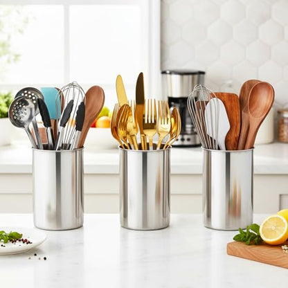 3 Pcs Stainless Steel Utensil Holders for Kitchen Counter, 5.5" x 7.3" Silver Cylinder Countertop Utensil Organizer Heavy Base and Dishwasher Safe for Home Cafe Restaurant Cooking Utensils