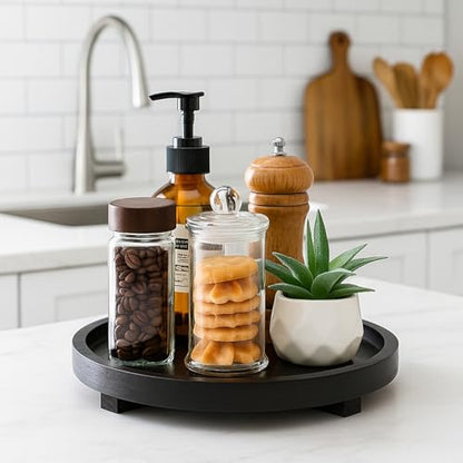 Black Round Decorative Wooden Tray for Bathroom Counter Table Trays Decor | Circle Wood Riser Kitchen Counter Soap Sink Vanity Trays Lazy Susan Candle Pedestal Stand Bandeja Decorativas Small Oil Tray