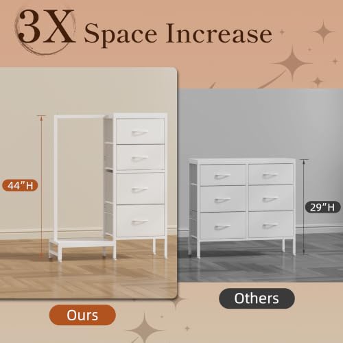 Tall Dresser 44''H with Hanging Rack, 4 Drawers Small Closet Dresser for Bedroom, Reversible Fabric Chest of Drawers with Clothes Rack, Tall Storage Tower, Sturdy Frame, White