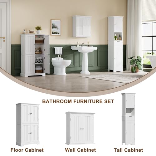 ChooChoo Bathroom Floor Cabinet with Adjustable Shelves | Bathroom Storage Cabinet, 4 Doors, Freestanding Cupboard for Living Room, White