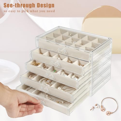 GUOER Earring Organizer 5 Drawers Acrylic Jewelry Box for Women, Warm White | Clear Earring Holder Organizer Box, Stud Earring Ring Display Storage Case Large, Adjustable Velvet Trays Girls Gifts