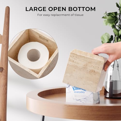 Tissue Box Cover Italy Natural Travertine Stone Heavy Duty Square Facial Toilet Paper Holder for Bathroom Living Room Bedroom Dresser Kitchen Minimalistic Office Home Decor Beige (TBC145WT)