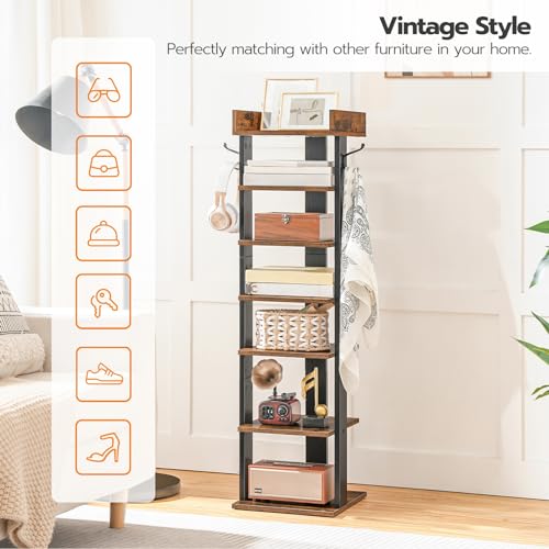 HOOBRO Vertical Shoe Rack for Front Door Entryway, 7 Tier Wooden Shoe Storage Organizer with Hooks, Narrow Shoe Tower for 7 Pairs, Space Saving, for Corner, Closet, Bedroom, Rustic Brown BF61XJ01