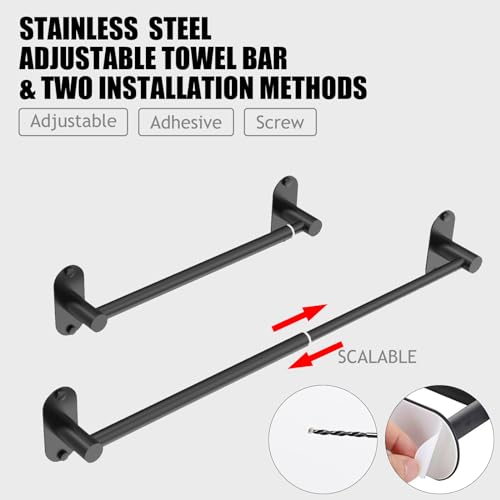 Towel Bar, Adjustable 14.4inch - 25.2inch Towel Rack, Self Adhesive Wall Mounted for Bathroom Kitchen Hand Towel Holder Cloths Hanger 304 Stainless Steel Organizer Single Bar (1, Matte Black)