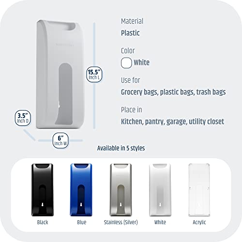 Plastic Bag Holder | UPGRADED Wall-Mount Grocery Bag Dispenser | Space-Saving Design | Easy Install | Smudge-Proof, Fingerprint-Resistant | White | Holds the Most Bags for Maximum Storage