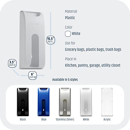 Plastic Bag Holder | UPGRADED Wall-Mount Grocery Bag Dispenser | Space-Saving Design | Easy Install | Smudge-Proof, Fingerprint-Resistant | White | Holds the Most Bags for Maximum Storage