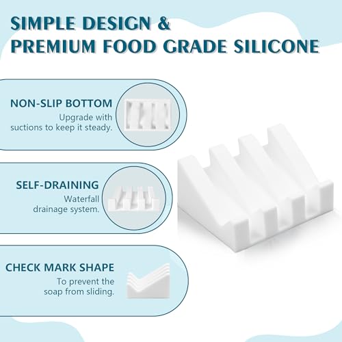 Self Draining Soap Dish Holder,Silicone Soap Dish,for Bathroom,Kitchen, Sponges，Can Extend Soap Life，Keep Soap Bars Dry and Easy Cleaning (White,1-Pack)