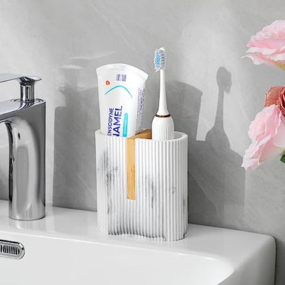 Toothbrush Holders for Bathroom, Bamboo Toothbrush Stand, Marble White | Electric Toothbrush and Toothpaste Organizer for Bathroom Sink Countertop Storage, Modern Brushing Accessories