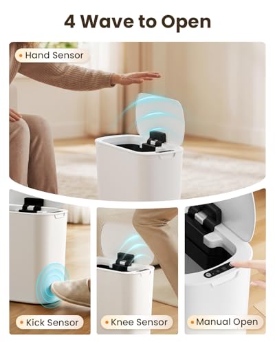Cesun 5 Gallon Automatic Bathroom Trash Can with Lid, White, Touchless | Motion Sensor, Slim, Small Smart Garbage Bin, Plastic, Battery Operated, Manual Button, for Office/RV/Bedroom/Living Room