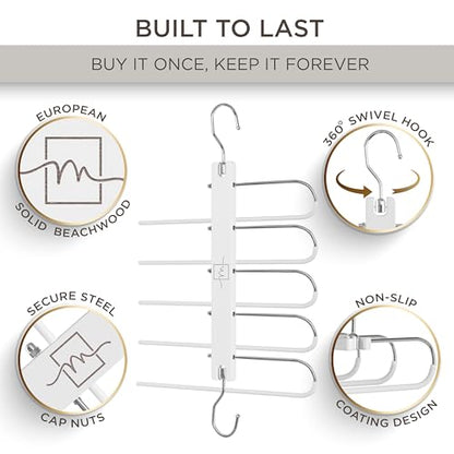 Pants Hangers Space Saving - European Beechwood Scarf and Jean Hangers - Closet Organizer and Space Saver Pant Rack, Leggings Hanger, and Scarf Holder with 360° Swivel Hook (1 Pack)