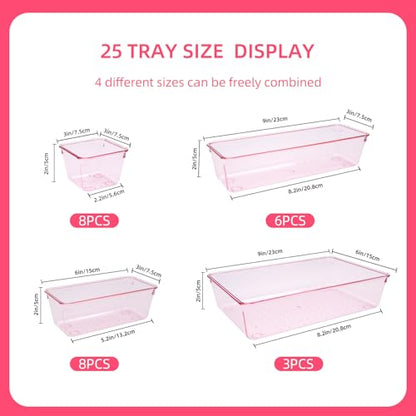Kitchen Desk Drawer Organizers Storage for Office, Small Acrylic Vanity Trays Makeup Organizer for Drawer Bathroom Plastic Make up Organizers 25 Pcs Pink