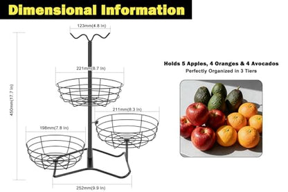 3 Tier Fruit Basket Bowl with 2 Banana Hooks, Solid Metal Standing Vegetable Storage for Kitchen Counter, Large Capacity Organizer for Bread Snack Produce (Black)