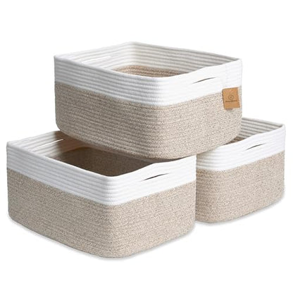 Storage Baskets 16.8”x13”x7.6” Cotton Rope Woven Baskets for Organizing 3-Pack | Toy Storage Bins | Basket for Shelves, Laundry, Blanket, Clothes, Closet, Kitchen, Bathroom, Gifts
