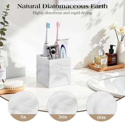 Luxspire Toothbrush Holder, 3 Slots, Marble White | Diatomite, Fast Drying, Toothbrush Holders for Bathroom, Toothbrush and Toothpaste Holder for Countertop