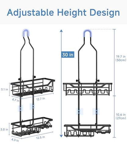 Upgraded Extended Length Shower Organizer with Hooks, Rustproof Shampoo Soap Holder, Large Hanging Bathroom Caddy