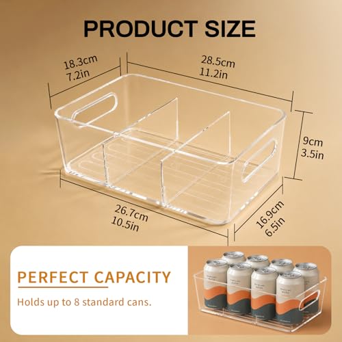 6-Pack Pantry Organizers and Storage, Clear Fridge Organizer Bins | Clear stackable plastic bins with removable dividers for packets, snacks, pouches and spices in pantry, fridge or freezer.