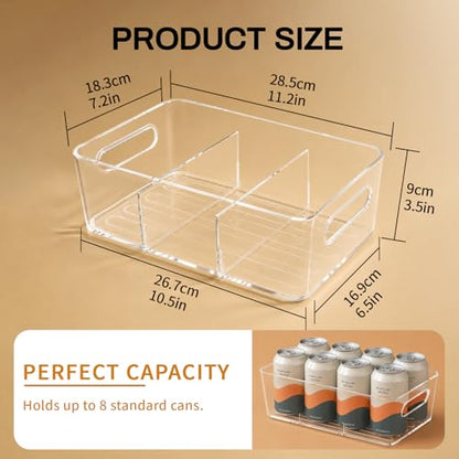 6-Pack Pantry Organizers and Storage, Clear Fridge Organizer Bins | Clear stackable plastic bins with removable dividers for packets, snacks, pouches and spices in pantry, fridge or freezer.