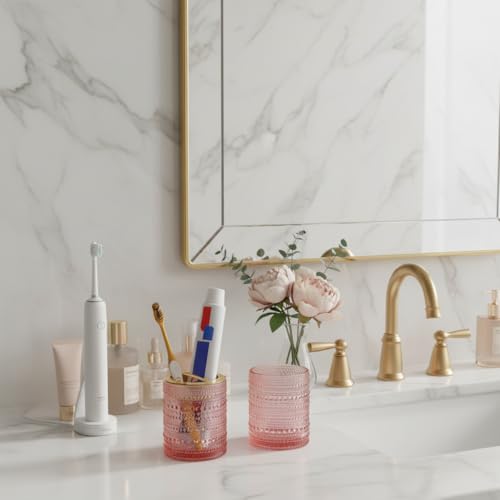 Pink Glass Toothbrush Holder, Bathroom Toothbrush Holder Set, 2pcs 10oz Tumbler Cup, Toothbrush and Toothpaste Holder with Gold Divider, Bathroom Storage Canisters Organizer for Decor