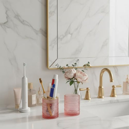 Pink Glass Toothbrush Holder, Bathroom Toothbrush Holder Set, 2pcs 10oz Tumbler Cup, Toothbrush and Toothpaste Holder with Gold Divider, Bathroom Storage Canisters Organizer for Decor