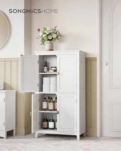 SONGMICS HOME Freestanding Storage Cabinet, Floor Cabinet with Elevated Legs, Metal Handles, for Living Room, Kitchen, Bathroom, White