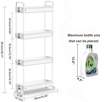 SOLEJAZZ Slim Rolling Storage Cart Skinny Bathroom Organizer, 4 Tier, White | Thin utility cart with wheels for bathroom, laundry room, bedside, kitchen, dorm, office, next to fridge, small narrow places