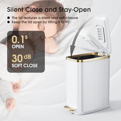 CEROELDA Small Bathroom Trash Can with Lid Soft Close-5L/1.3 Gal Stainless Steel Garbage Can-Step Pedal Wastebasket Slim Trash Bin for Office, Bedroom, Toilet, Live Room-White