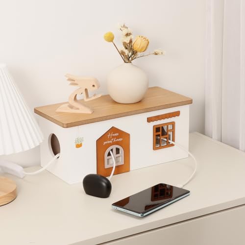 Cable Management Box, Wood Extension Cord Organizer, Handmade Power Strip Box for TV Computer Wire USB Hub System, Surge Protector Cord Hider Box on Desk or Floor (Medium)