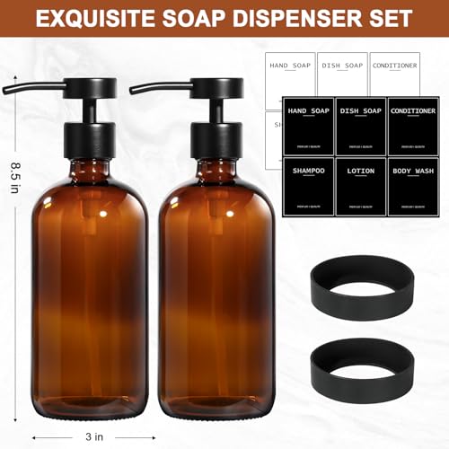 Hand Soap Dispenser for Bathroom 2 Pack, Amber Glass Soap Dispenser with Stainless Steel Pump, 16.9 Fl oz Hand and Dish Soap Dispensers Set Kitchen, Modern Brown Soap Lotion Dispensers Bottle