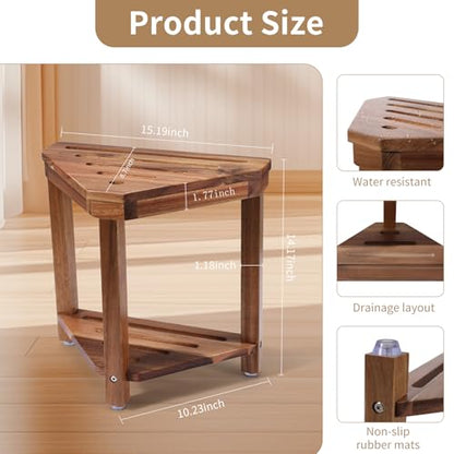Shower Foot Rest 14in, Acacia Wood Shower Stool for Shaving Legs, Waterproof Corner Shower Stool with Storage Shelf for Inside Small Shower Spaces, Wood Color