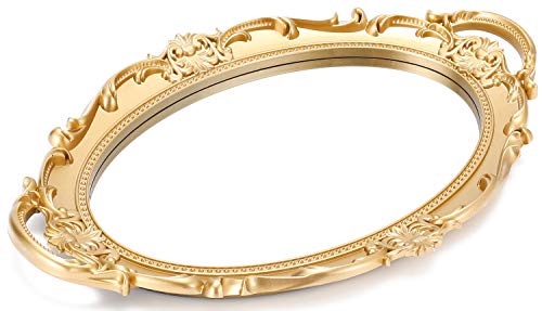 Sooyee Decorative Gold Mirror Tray with Handle 14" x 9.8" | Vintage Tray for Bathroom Vanity, Dessert & Coffee Table, Jewelry, Perfume, Makeup Organizer Display Tray,Home Decor