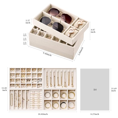 Velvet Jewelry Drawer Organizer Trays – 4-Layer Stackable Jewelry Storage Inserts Set, Beige Jewelry Tray Set for Earrings, Rings, Necklaces, Bracelets with Removable Dividers for Dresser & Vanity