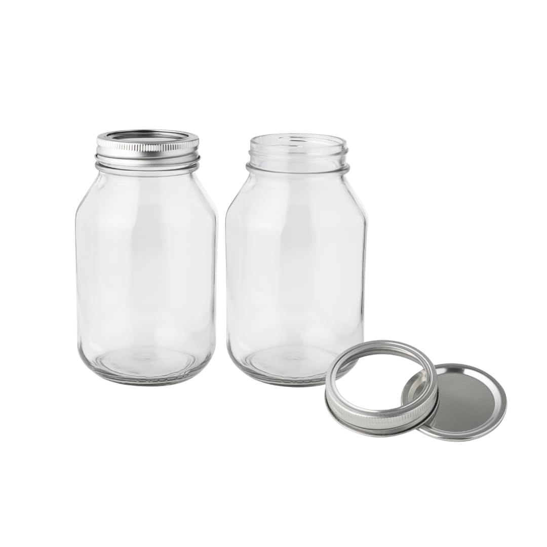 32 oz Mason Jars with Lids - 2-Pack Regular Mouth Quart Canning Set | Airtight 32oz Mason Jars | Quart Canning Jars for pickling, fermentation, food storage, crafts and kombucha brewing