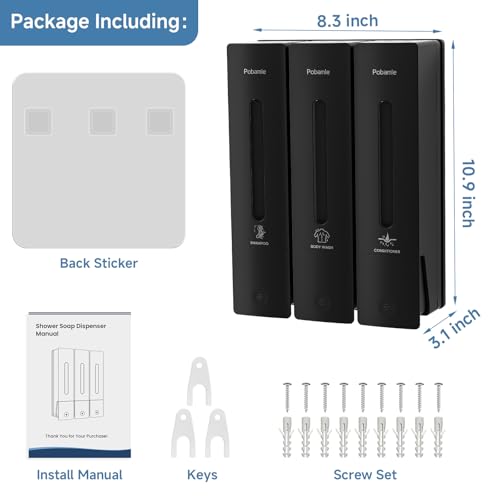 Shampoo and Conditioner Dispenser - Shower Soap Dispenser Wall Mounted No Drill - Shampoo Conditioner Body Wash Dispenser 3 Chamber - Easy Install for Bathroom Hotel Black 1200ml
