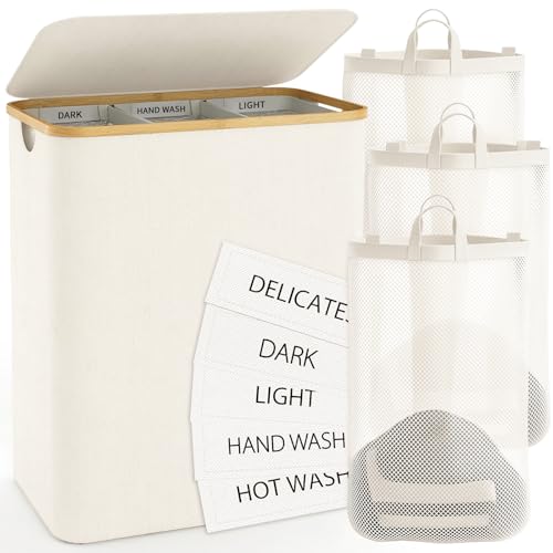 Hampers for Laundry Basket with Lid, 160L Large Laundry Hamper 3 Section | Dirty Clothes Hamper Separator with 3 Removable Bags & 5 Labels, Divided Laundry Organizer for Bedroom, Laundry Room, Beige