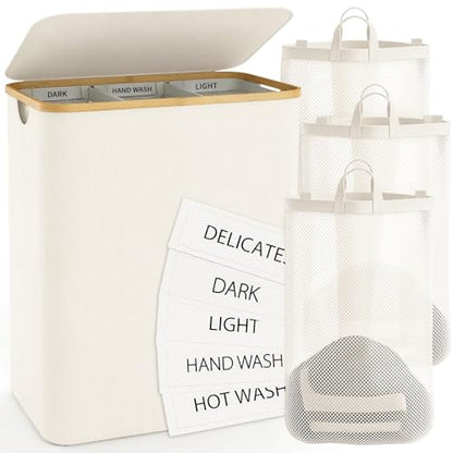 Hampers for Laundry Basket with Lid, 160L Large Laundry Hamper 3 Section | Dirty Clothes Hamper Separator with 3 Removable Bags & 5 Labels, Divided Laundry Organizer for Bedroom, Laundry Room, Beige
