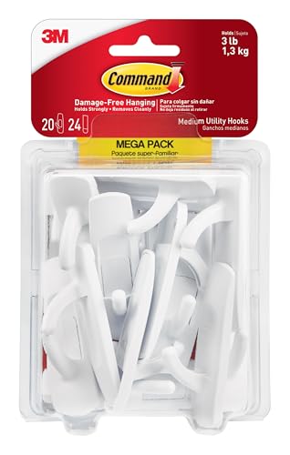 Command Medium White Hooks, 20 Hooks, 24 Strips | Damage-Free Hanging with Adhesive, Heavy Duty Hanging Great for Organization and Storage, Holds up to 3 lb