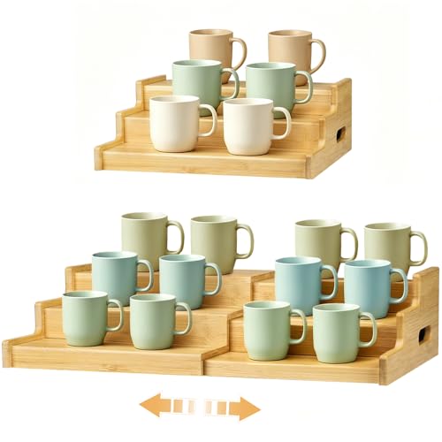 3-Tier Expandable Bamboo Mug Holder for Countertop Coffee Cup Holder Display Mug Organizer Mug Rack for Coffee Bar Organizer Mug Shelf for Cabinet for Kitchen, Home, No Assembly