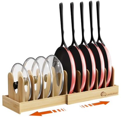 Housolution Bamboo Pot and Pan Lid Organizer Holder Storage Rack | 15"-29" Expandable, 10 Adjustable Dividers, Upgrade Solid Wooden Base, Easy Assembly